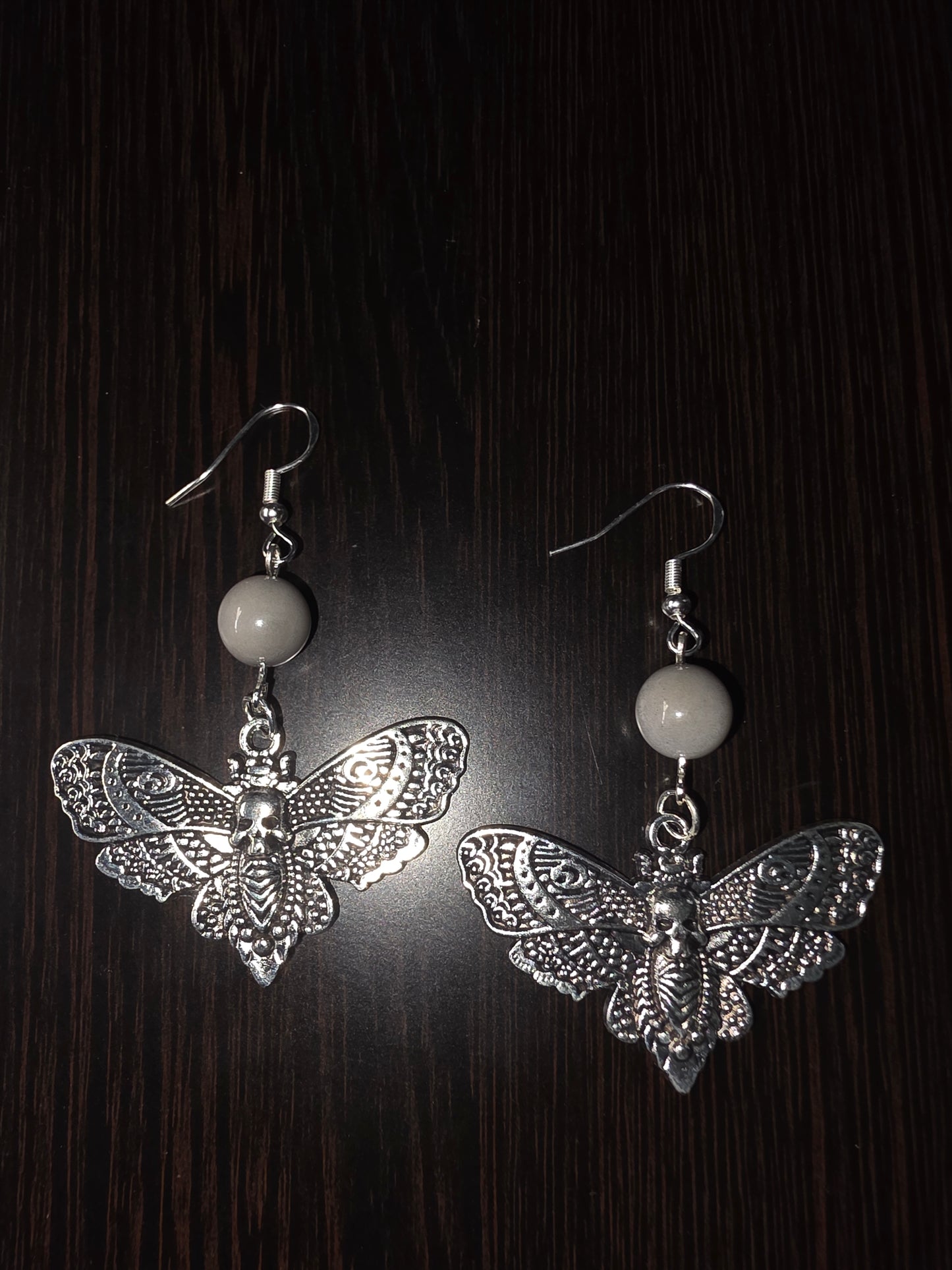 Metal Moth with Gray Tagua Nut Beads, Detailed Beautiful Cicada, Moth Design