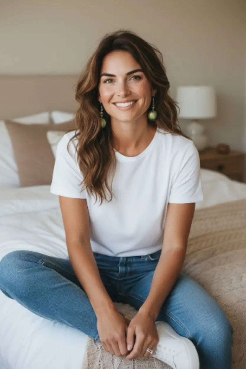 Woman wearing a white cotton t-shirt and blue denim jeans showcasing forest green tagua round disc earrings plastic-free vegan from the rainforest