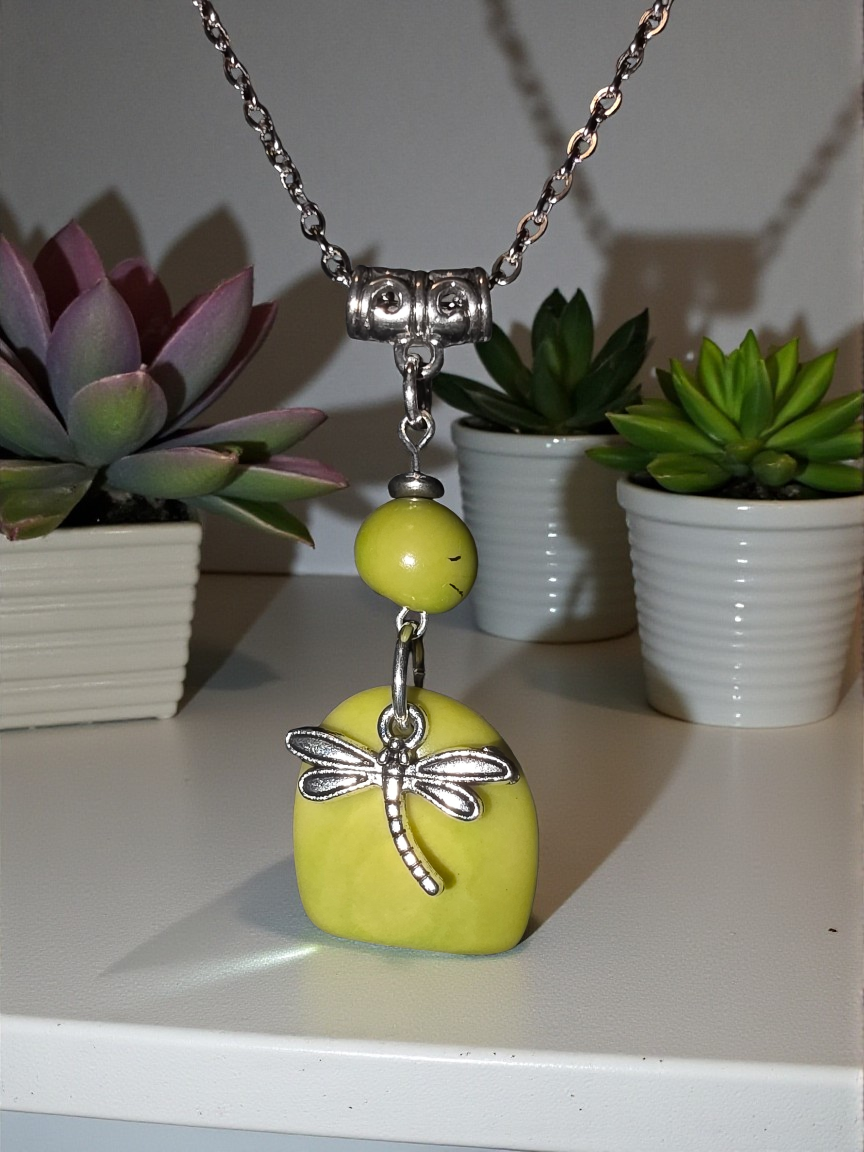 Lime Green Lightweight Tagua Pendant Necklace with Dragonfly Handmade