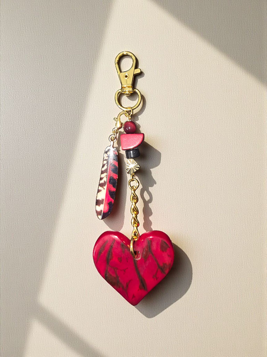 Marbled Red and Black Carved Heart Tagua Bag Purse Charm or Keychain