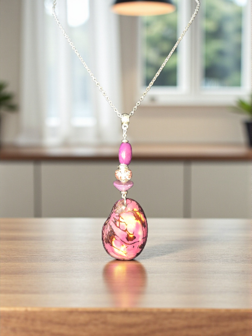 Luscious Lavender Natural Marble Tagua Slice Pendant Necklace