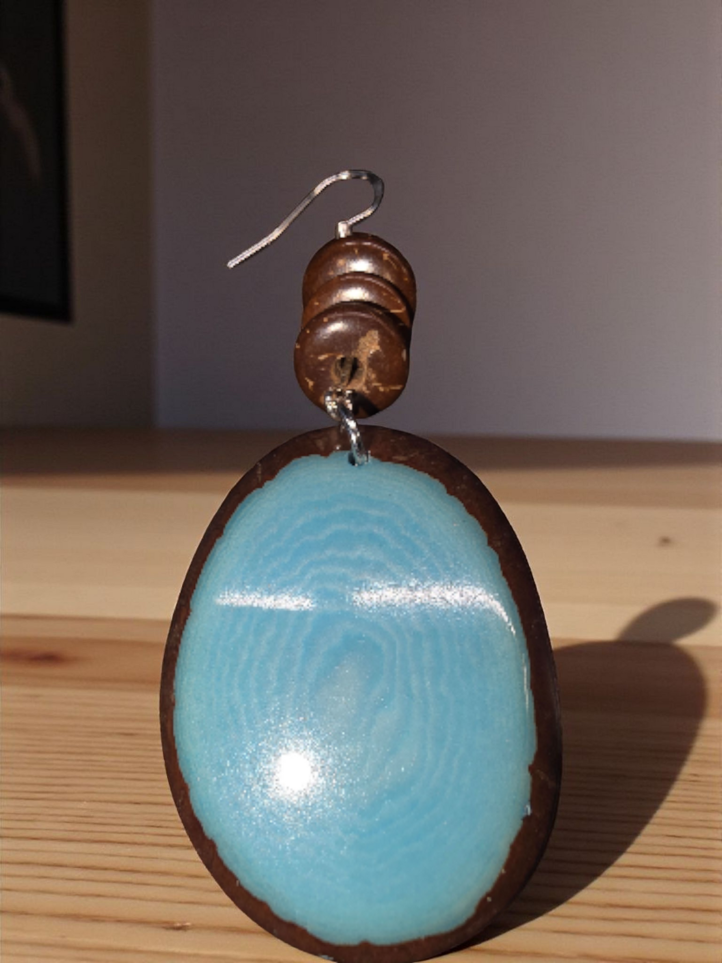 Sky Blue Natural Edge Lightweight Tagua Unique Grain Earrings Center Slice