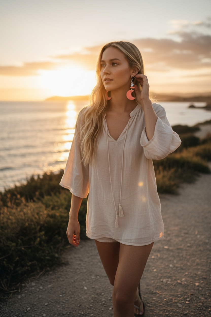 Salmon Pink Thick Moon Carved Tagua Nut Earrings with Star Beads, Lightweight