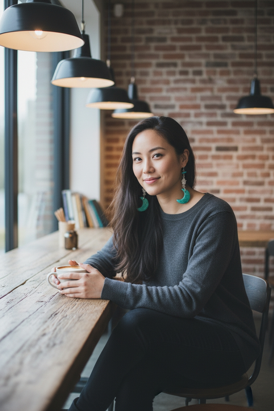 Green Moon Carved Tagua Nut Earrings with Hamsa Beads
