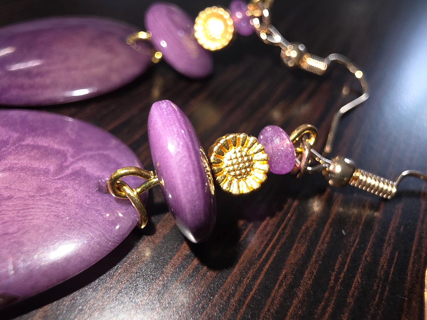 Purple Beautiful Grain Tagua Rainforest Earrings with Gold-tone Sunflower Accent