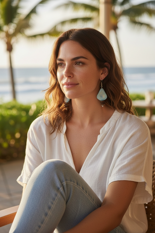 Sky Blue Rainforest Thick Tagua Nut Earrings with Forest Seed Beads