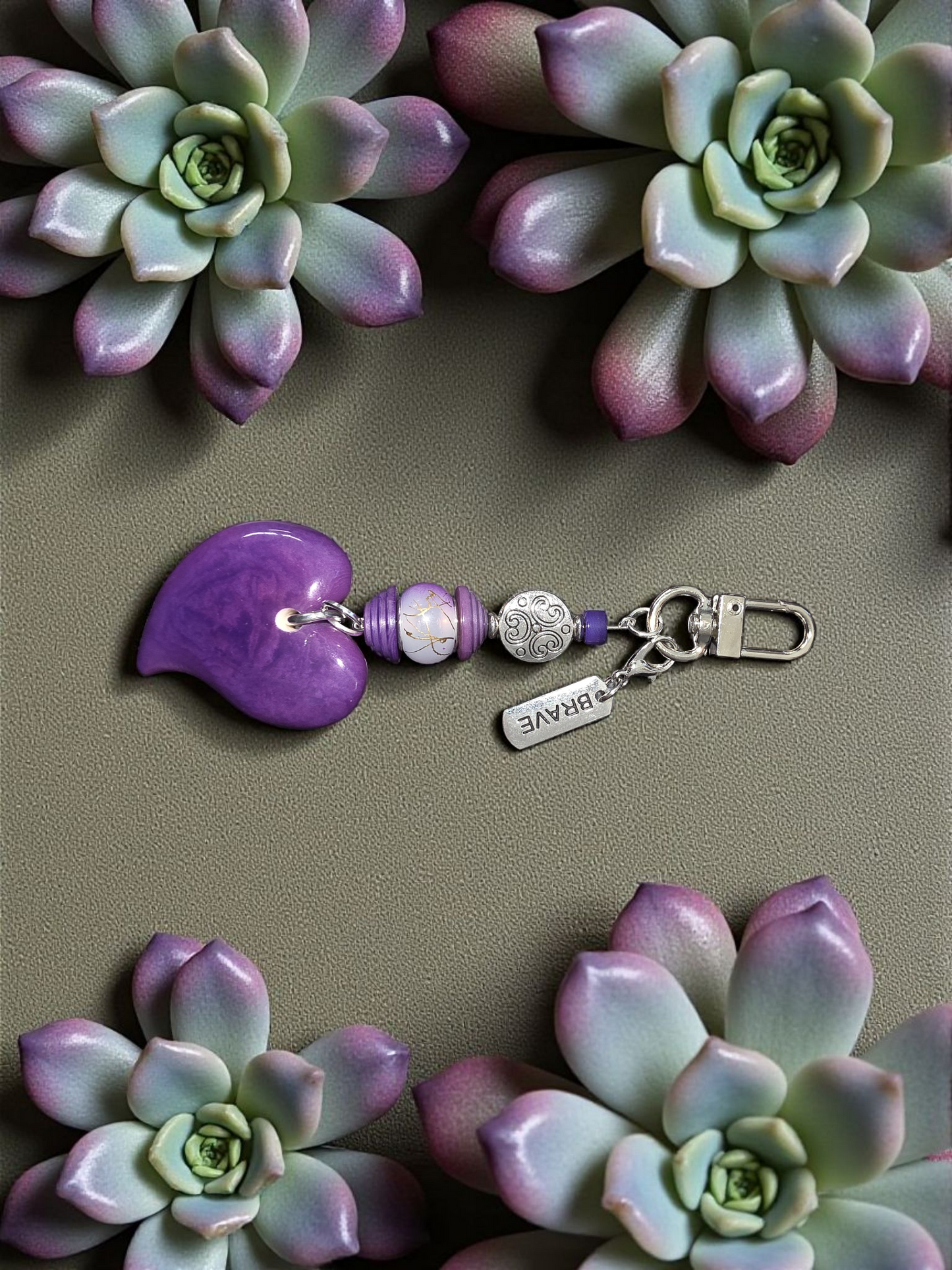 BRAVE : Purple Tagua Carved Heart Bag Charm or Keychain with Tibetan Amulet Metal Bead