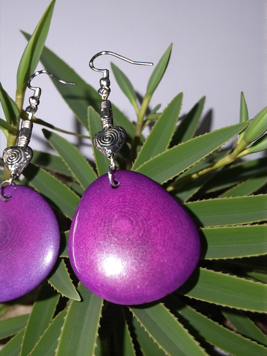 Plum Purple Sliced Tagua Nut Earrings with Swirly Heart Bead Accent