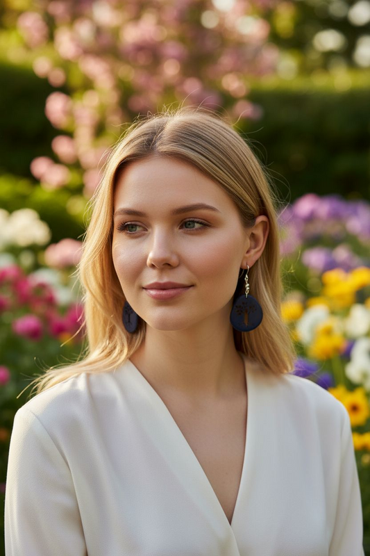 Navy Tree Laser Cutout Tagua Slice Earrings