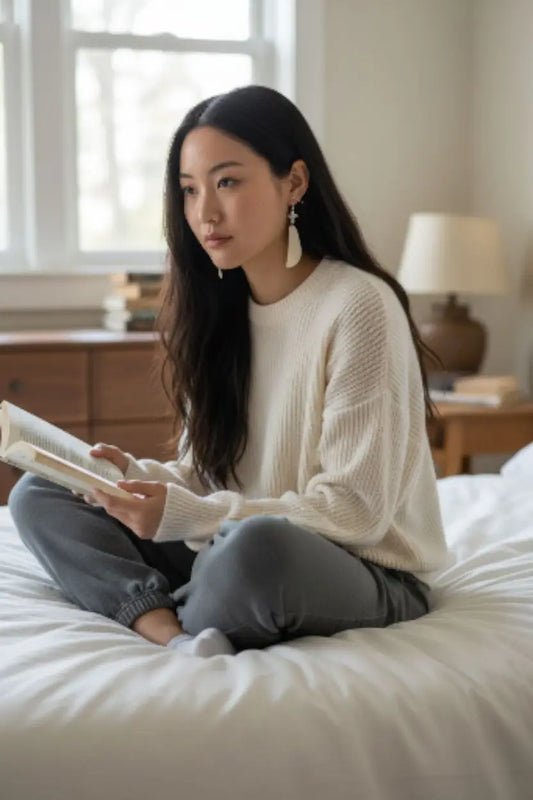 Woman wearing cream fan tagua lightweight handmade earrings with a cream knit sweater and gray joggers sitting on bed