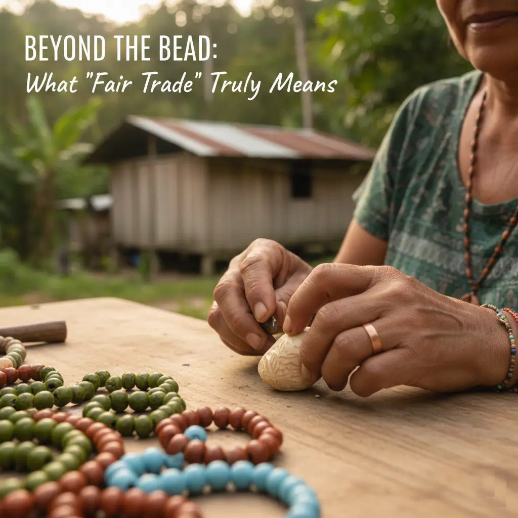 A woman delicately carving a light-colored intricately patterned wooden bead highlighting fair trade tagua craftsmanship.
