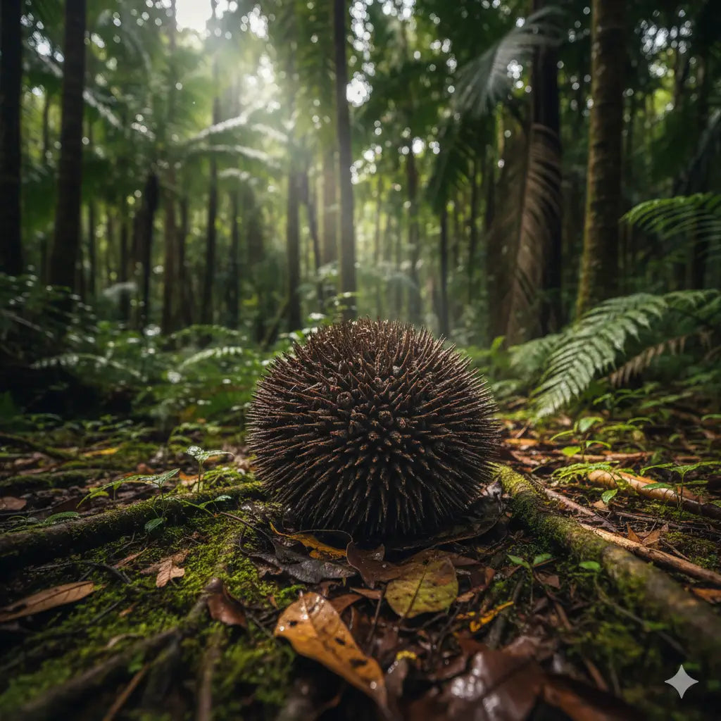 A spiky dark brown durian fruit resting on mossy forest floor illustrating rainforest to retail fair trade journey