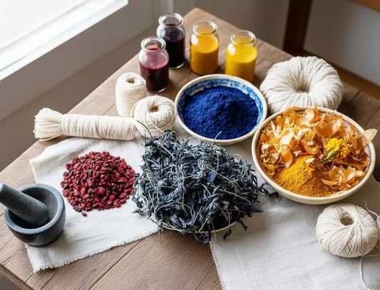 A vibrant array of natural plant-based dyes including blue powder yellow and red dyes dried herbs and white yarn on wood
