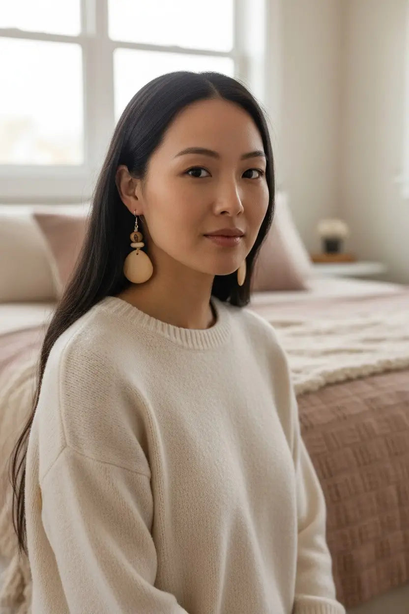 Cream-colored textured knit sweater with simple crew neckline featured in mothers day gifts collection.