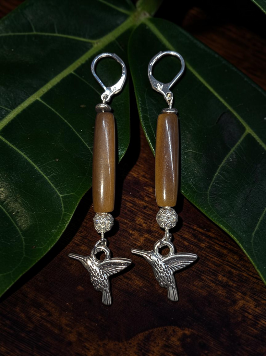 Brown Polished Tagua Carved Vegetable Ivory Earrings from the Rainforest Hand-tied plus Hummingbirds