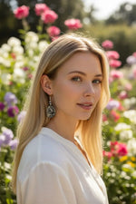 Silver filigree drop earrings with intricate floral detailing featured in blue floral lace engraved tagua earrings product