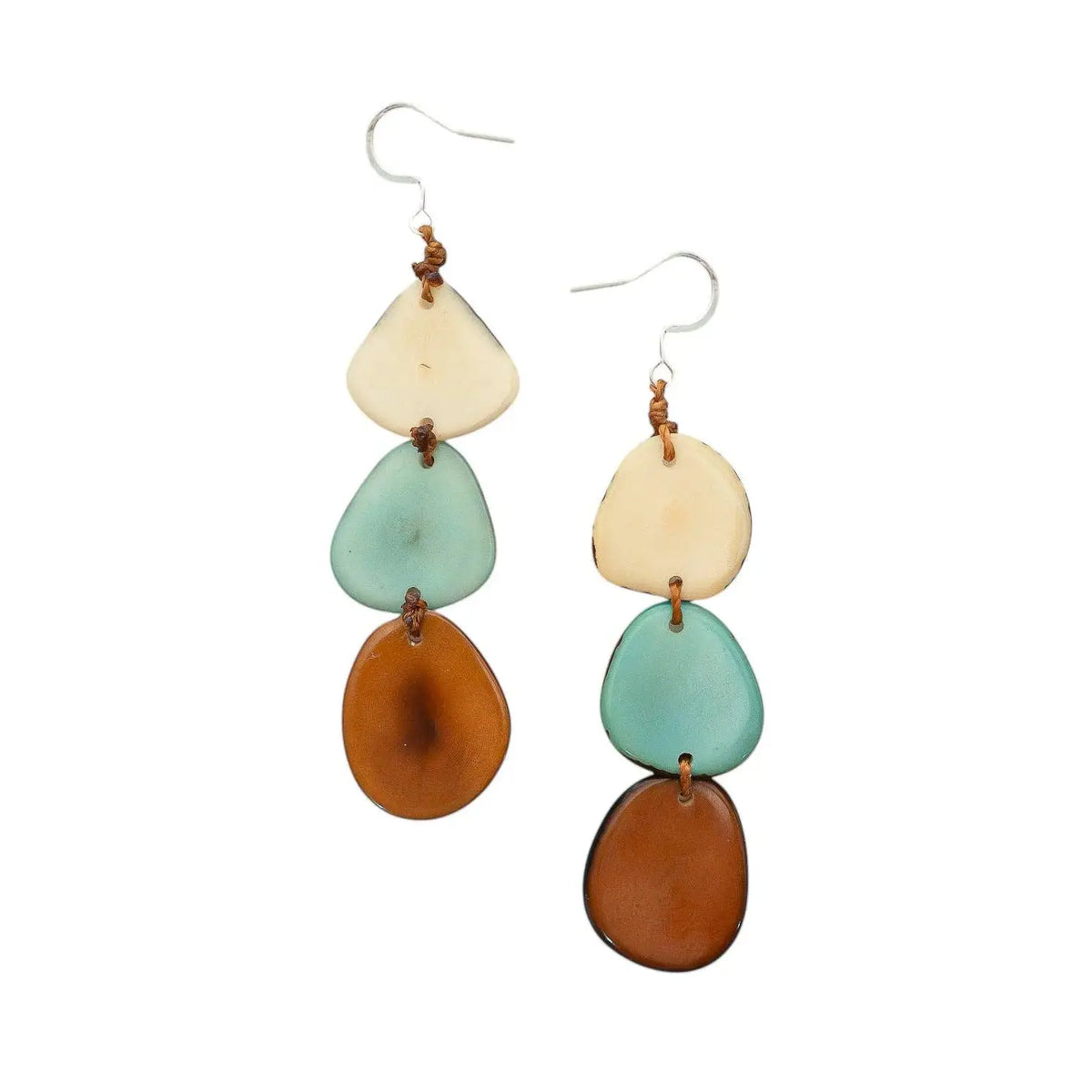 Beige teal and brown layered shell bali earrings with silver hooks perfect for casual or beach wear