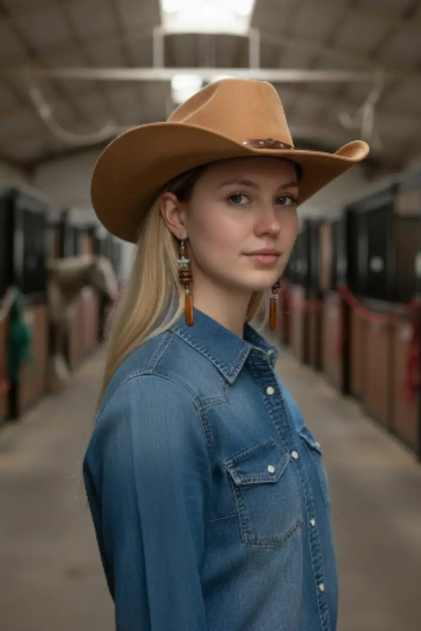 Tan felt cowboy hat with brown leather band shown alongside bay horse brown baguette tagua earrings with country star bead