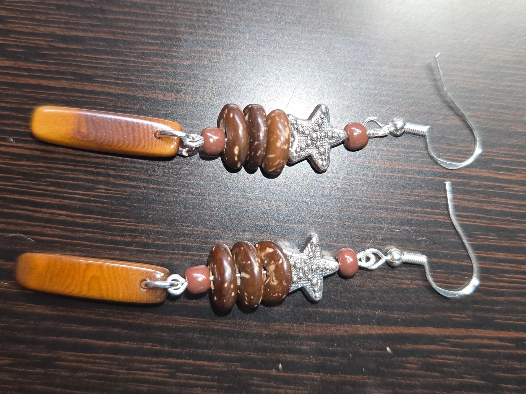 Bay horse brown baguette tagua earrings with wooden beads silver hooks and country star charm in brown