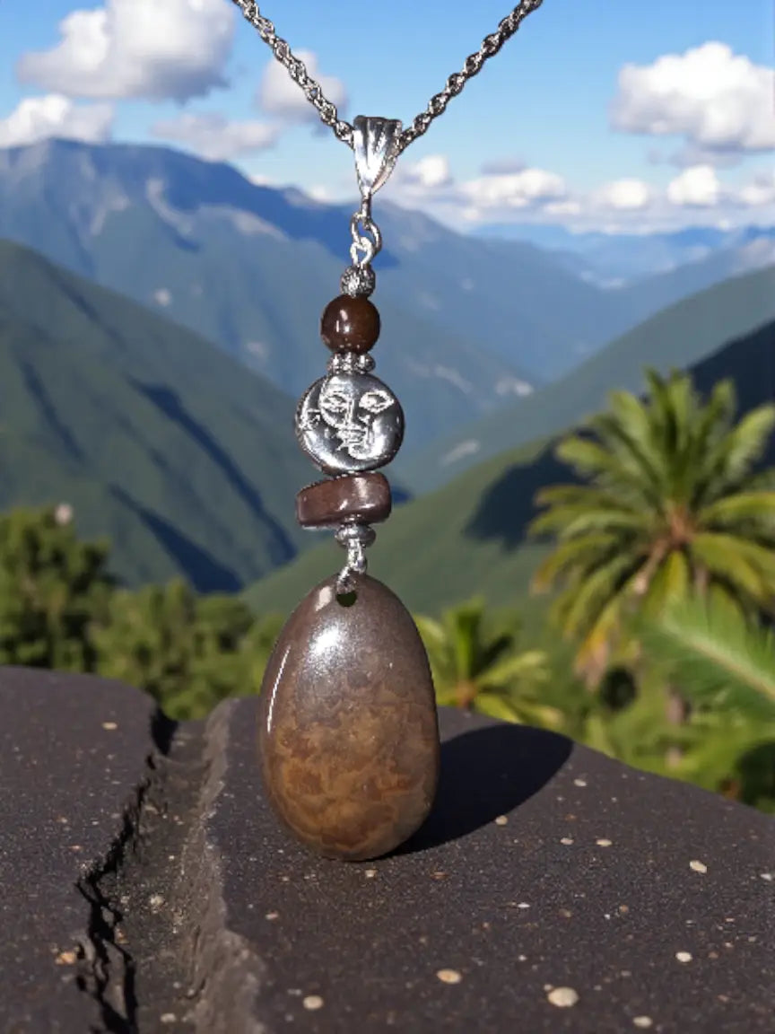 Silver-toned moon and star pendant necklace with smooth brown sustainable tagua nut stone charm eco-friendly gift