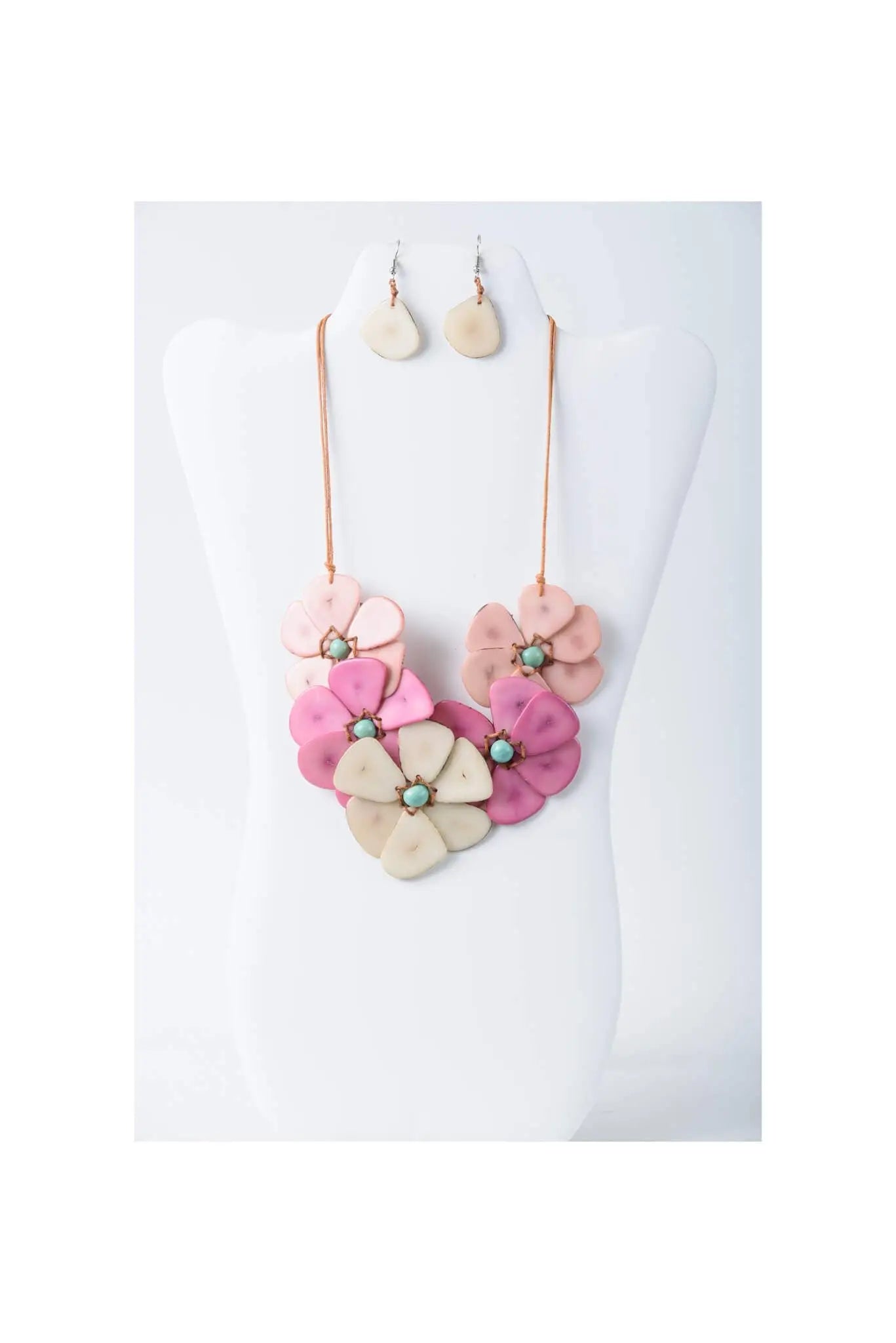 Pastel pink and cream flower bib statement necklace with layered petals and turquoise accents from becca handmade tagua set