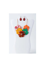 Vibrant becca handmade flower bib necklace with pink orange yellow green tagua petals and pearl centers