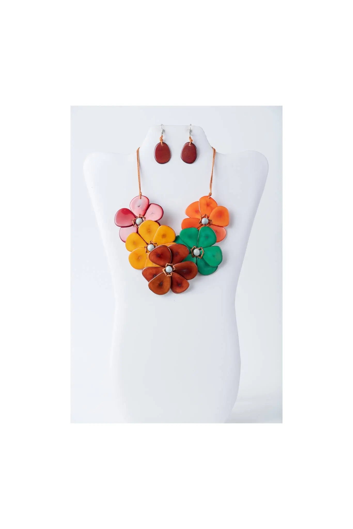 Vibrant becca handmade flower bib necklace with pink orange yellow green tagua petals and pearl centers
