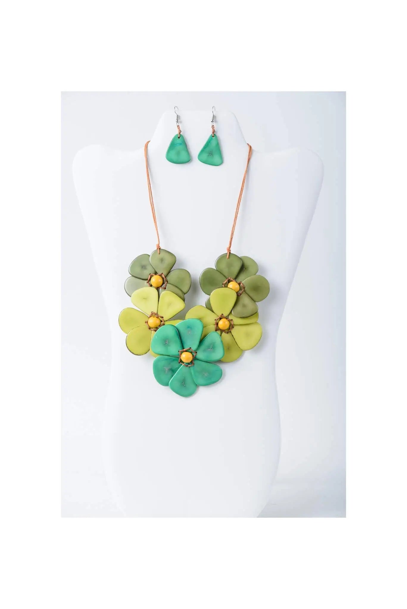 Vibrant green and yellow flower bib necklace set with matching earrings made from layered resin petals by becca handmade