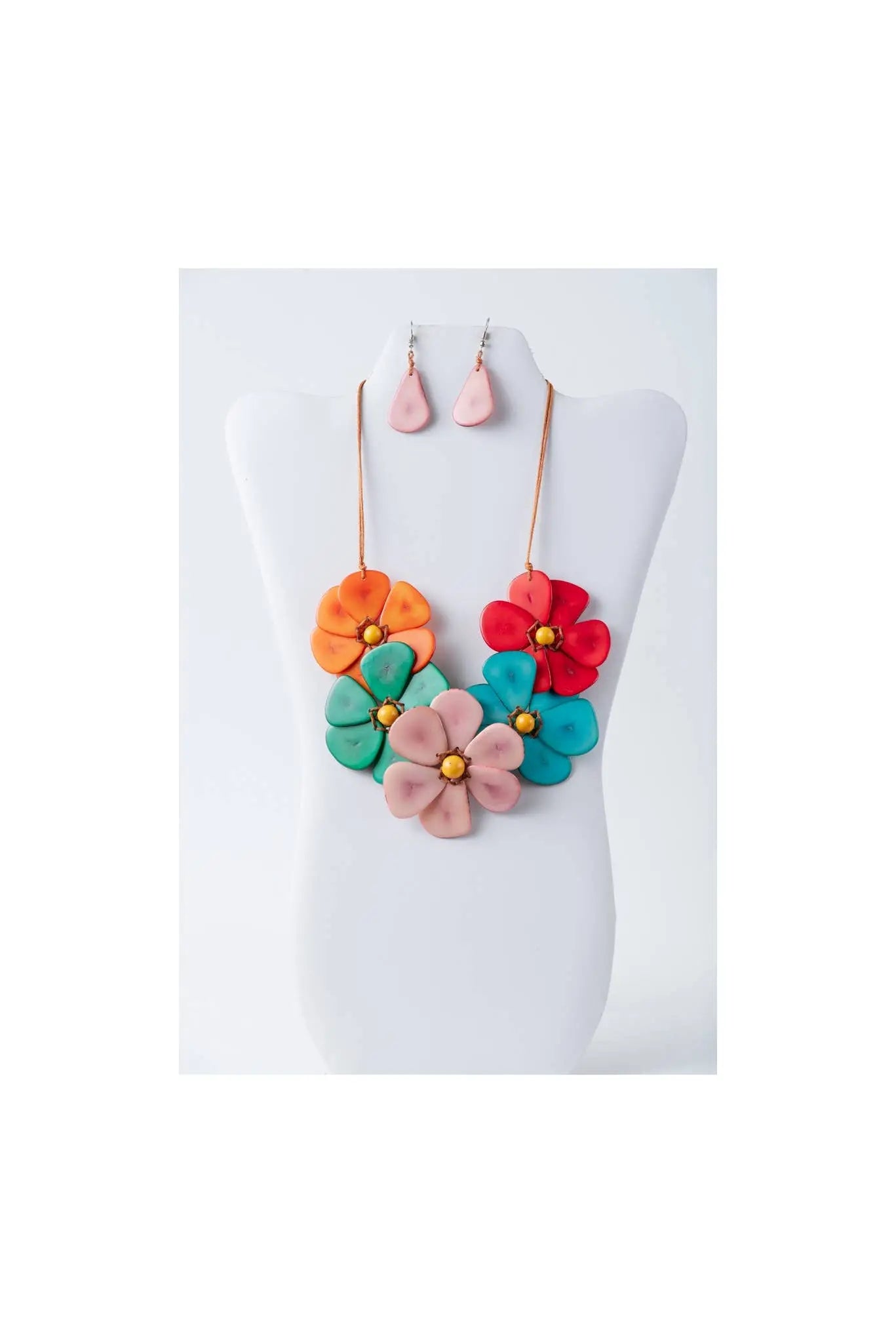Becca handmade flower bib necklace with vibrant layered petals in orange red teal pink and gold centers