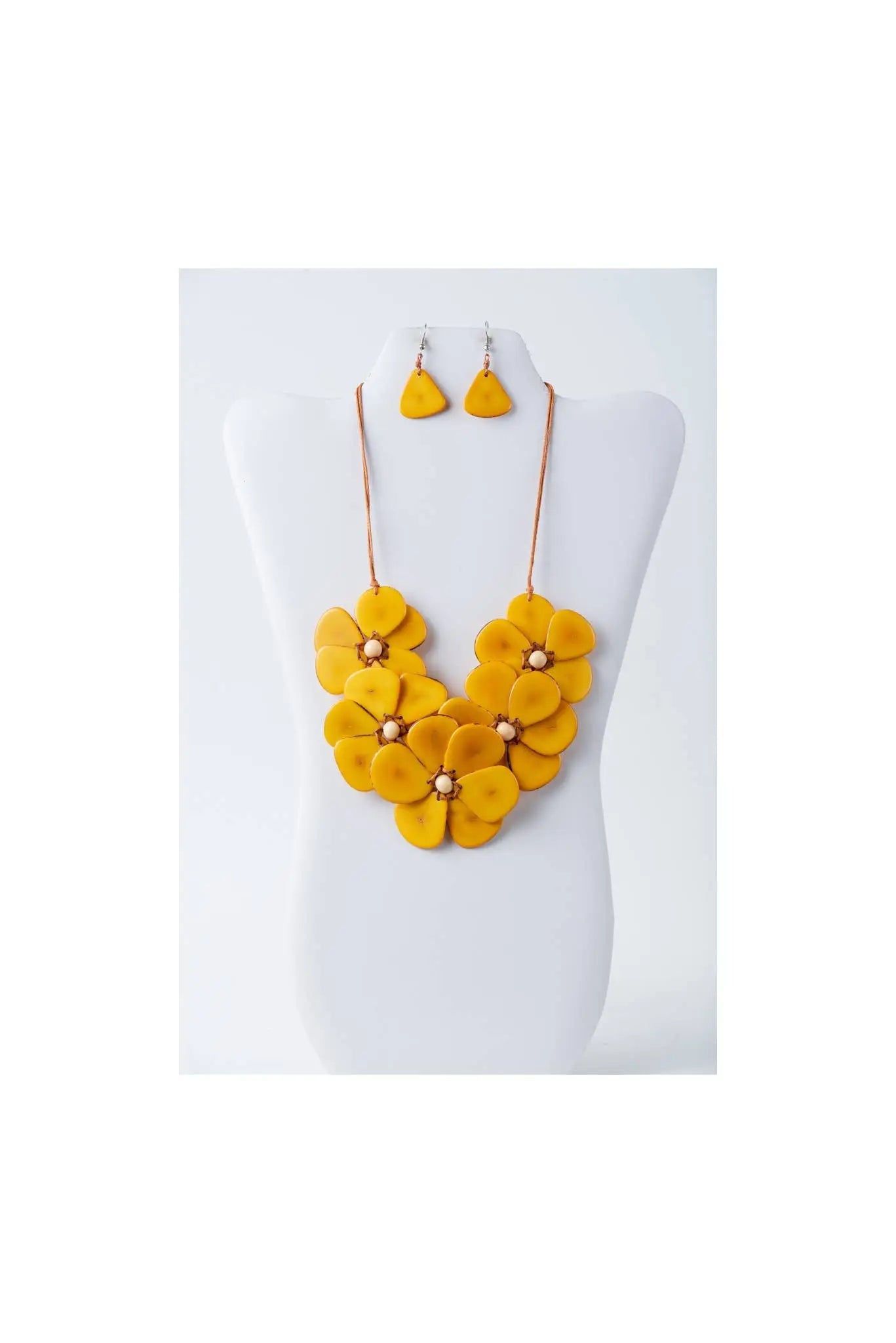 Vibrant yellow flower bib necklace set with layered petal design and matching tagua earrings by becca handmade