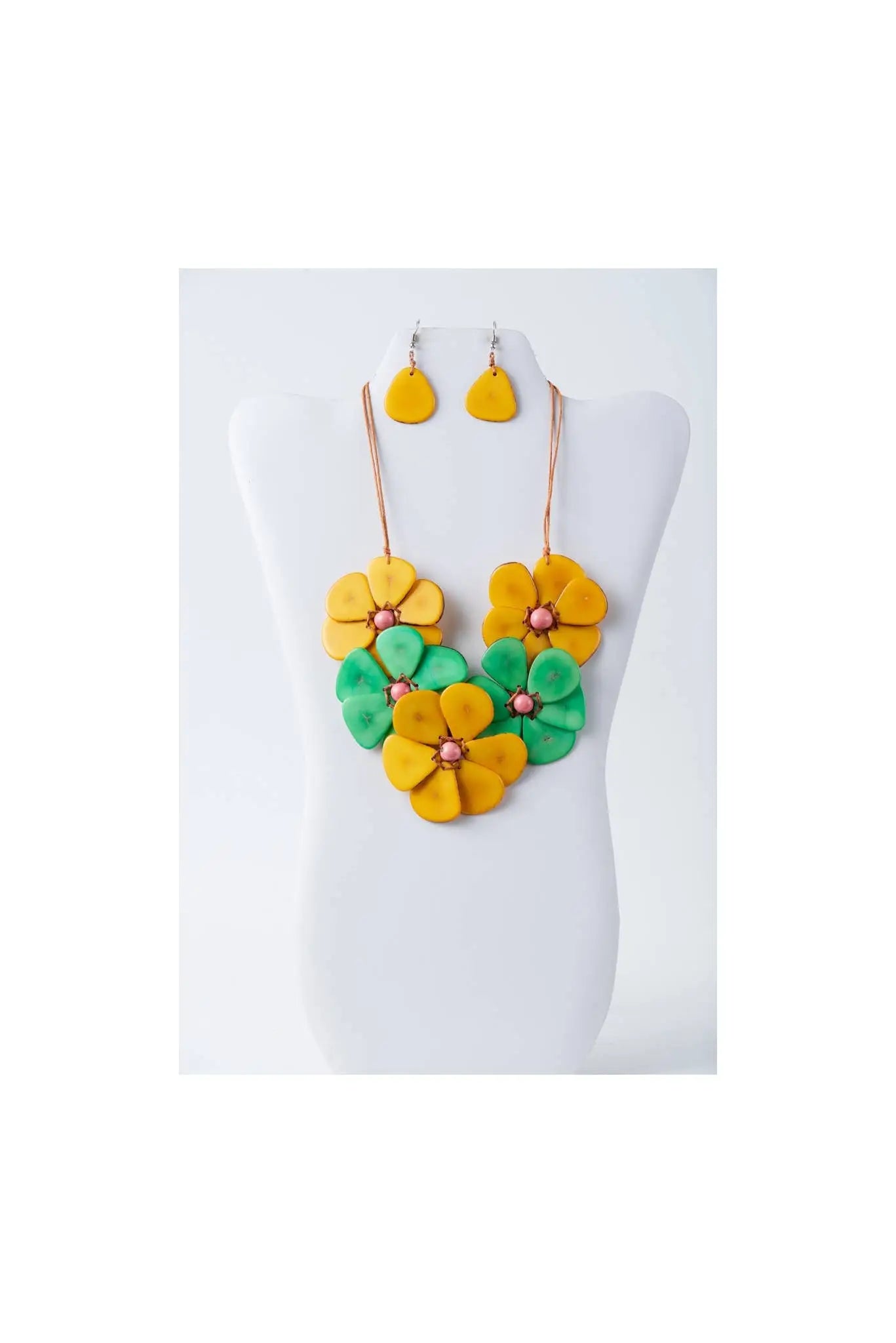 Becca handmade flower bib necklace set with vibrant yellow green fabric petals and pink bead teardrop earrings
