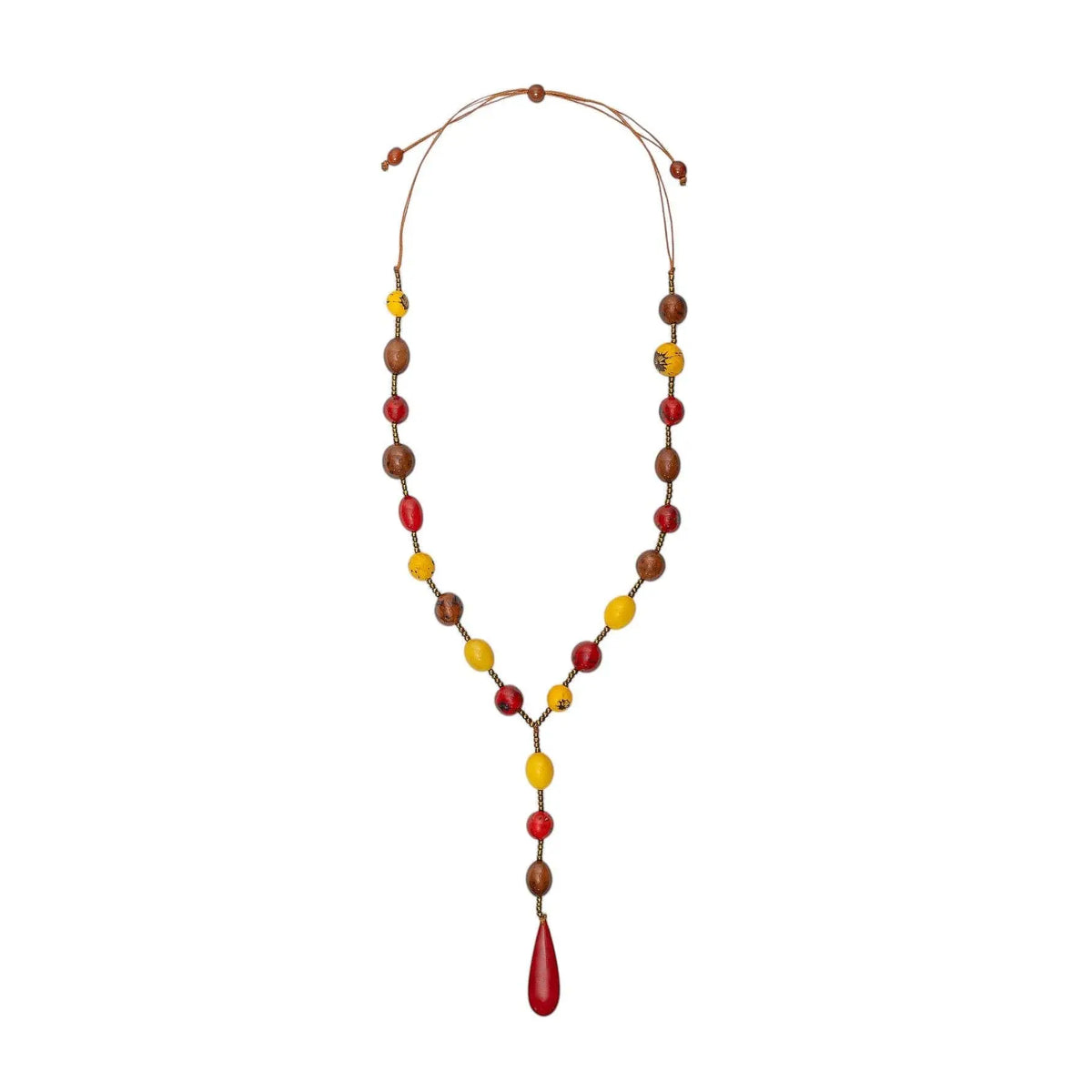 Beverly necklace with vibrant multi-colored bombona seeds and tagua nut beads in a y-shaped design with teardrop pendant