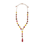 Beverly necklace with vibrant multi-colored bombona seeds and tagua nut beads in a y-shaped design with teardrop pendant