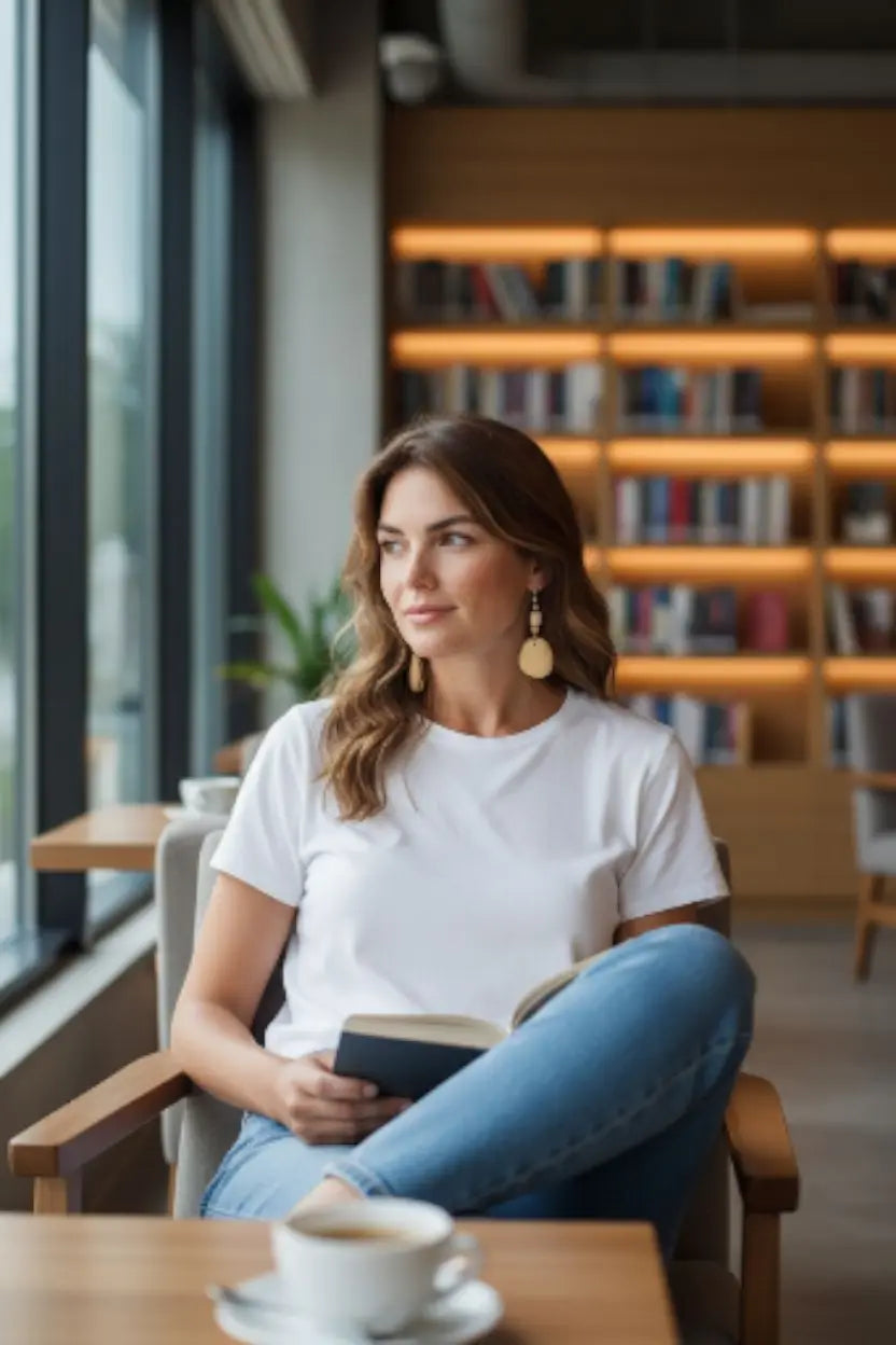 A woman wearing beige tan polished tagua earrings sits in a chair holding an open book plastic-free vegan accessory