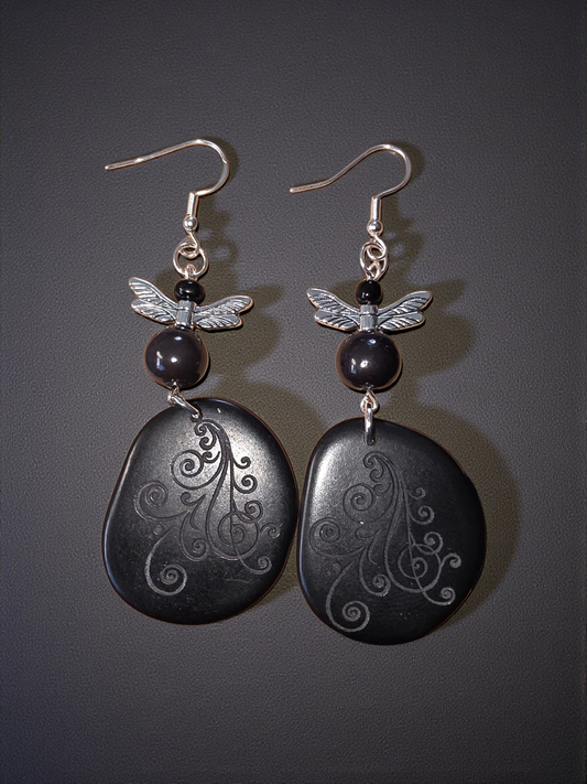 Black Ghost Swirl Laser Engraved Lightweight Tagua Slice Dragonfly Earrings - Earring