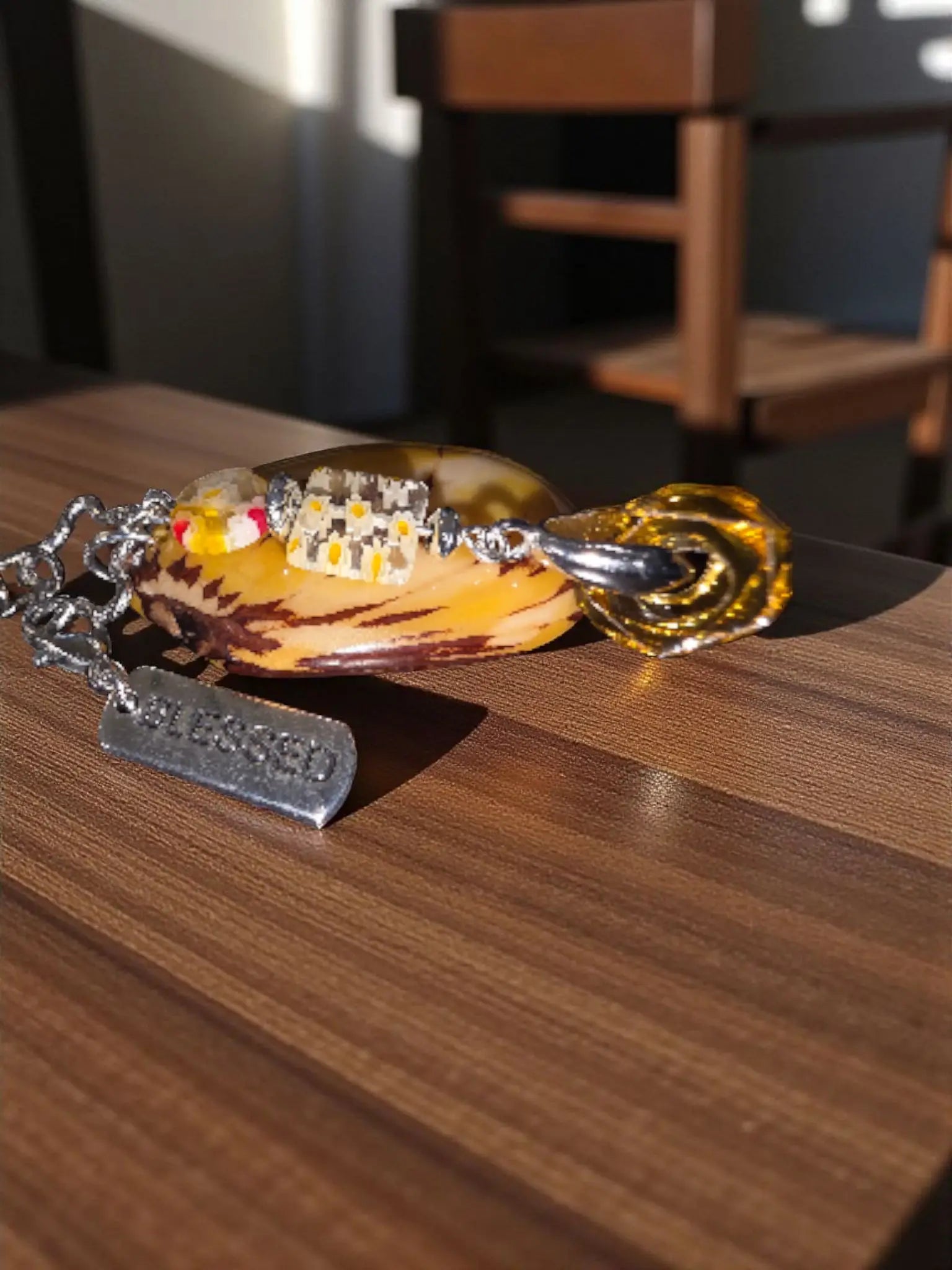 Blessed yellow and brown shell-shaped top slice tagua bag charm with silver chain and beads for purses backpacks or keychains
