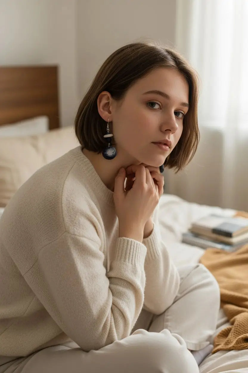 A woman wearing a cream-colored long-sleeved knit sweater with ribbed cuffs and hem in blue dreamy nights style