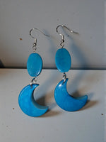 Bright blue crescent moon earrings with flat tagua beads and silver hooks lightweight and plastic-free