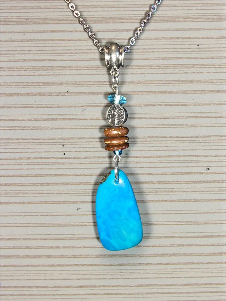Turquoise teardrop tagua necklace with silver chain copper beads and tree of life disc fair trade jewelry gift