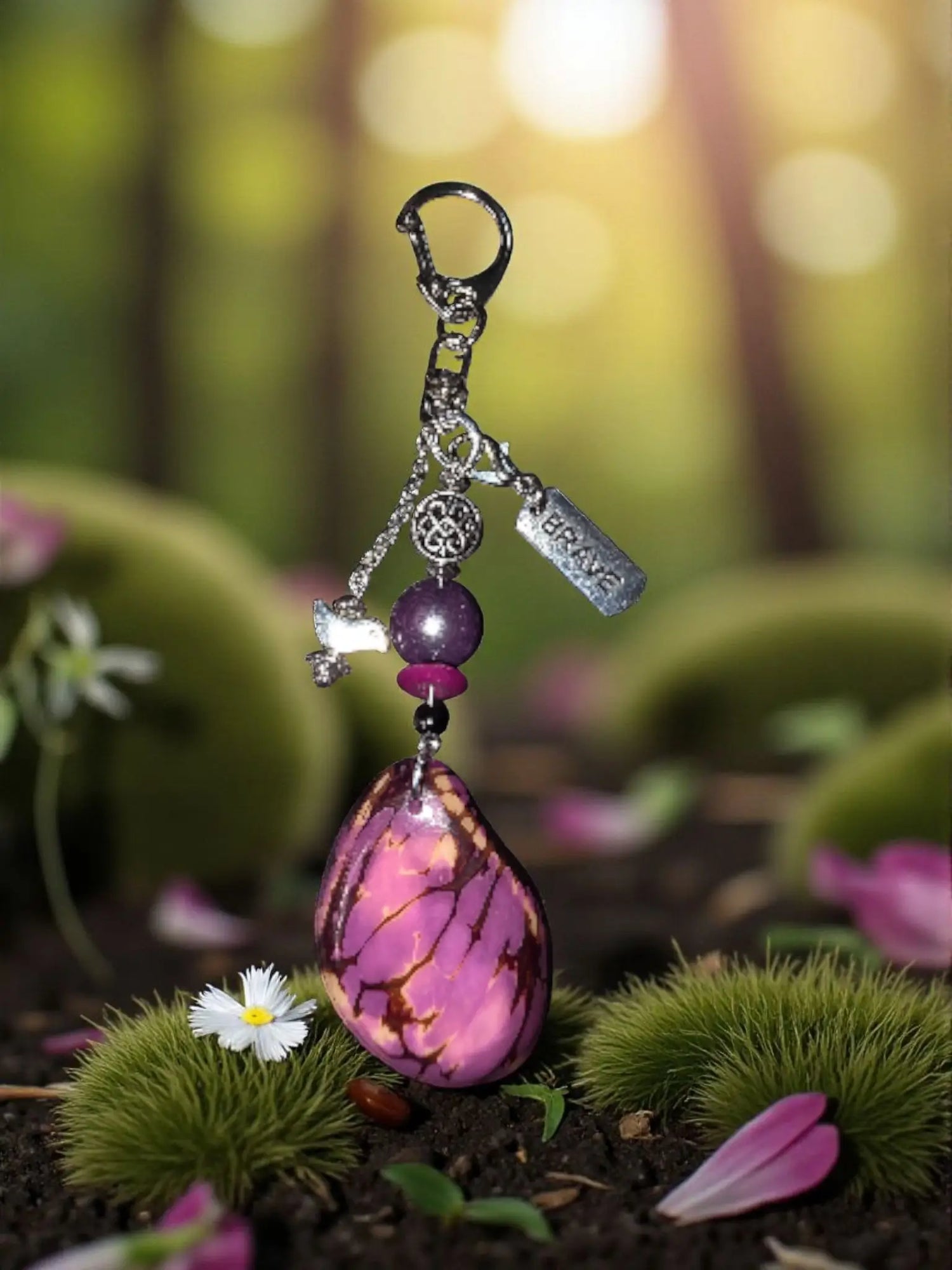 Brave charm purple natural carved teardrop bag charm with pink and brown marbled pendant and silver clasp
