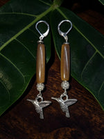 Brown polished tagua carved vegetable ivory earrings with silver hummingbird dangles amber beads and sparkling accents