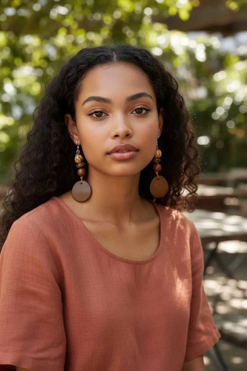 Brown tagua carved vegetable ivory earrings with earthy brown wooden discs and forest seeds ensemble from the rainforest