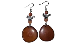 Brown wooden disc earrings with silver-toned metal accents and a small red bead.