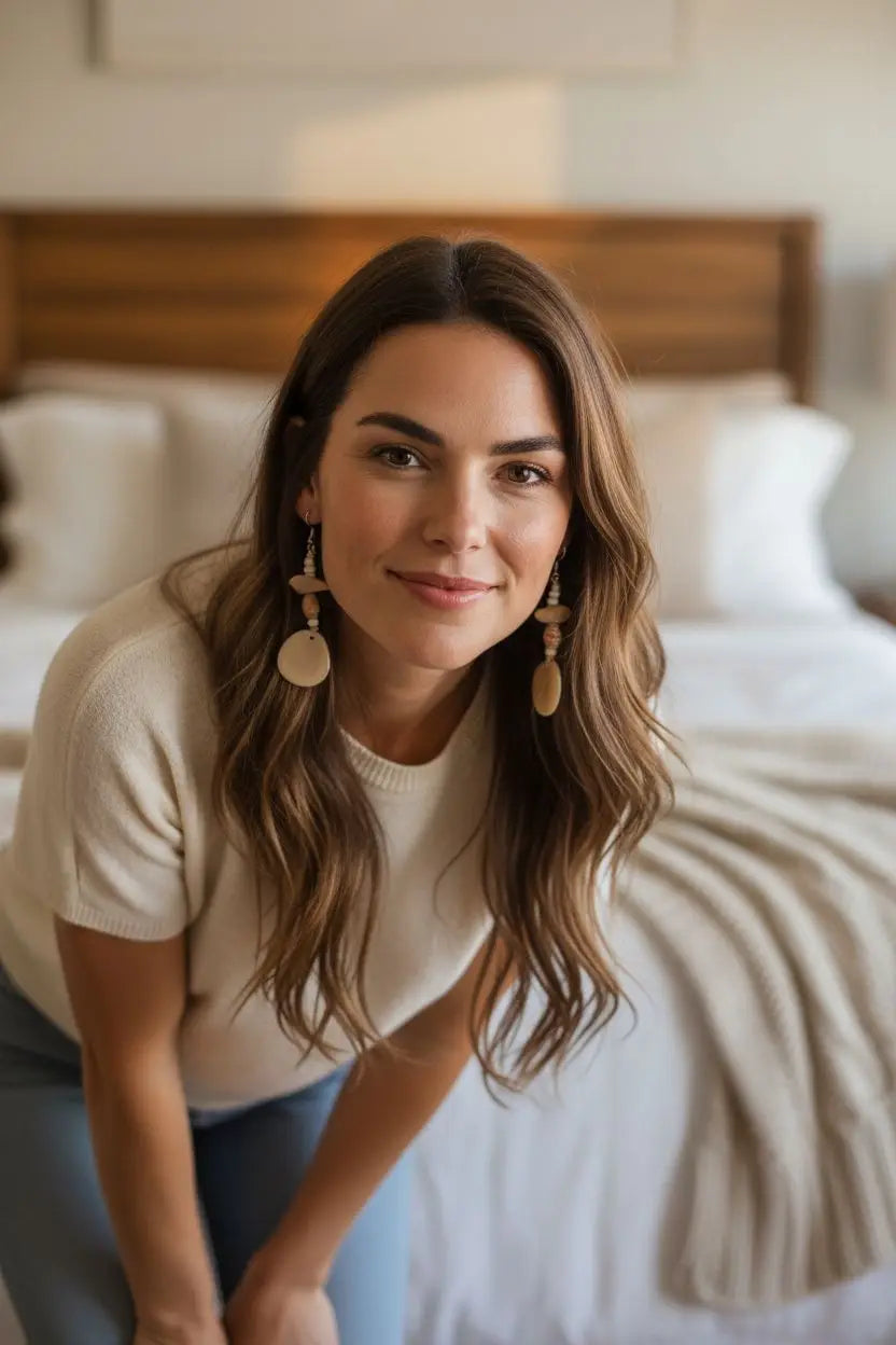 Beige wooden disc earrings with a natural handcrafted design in buttercream sunday easy to wear small tagua slice style