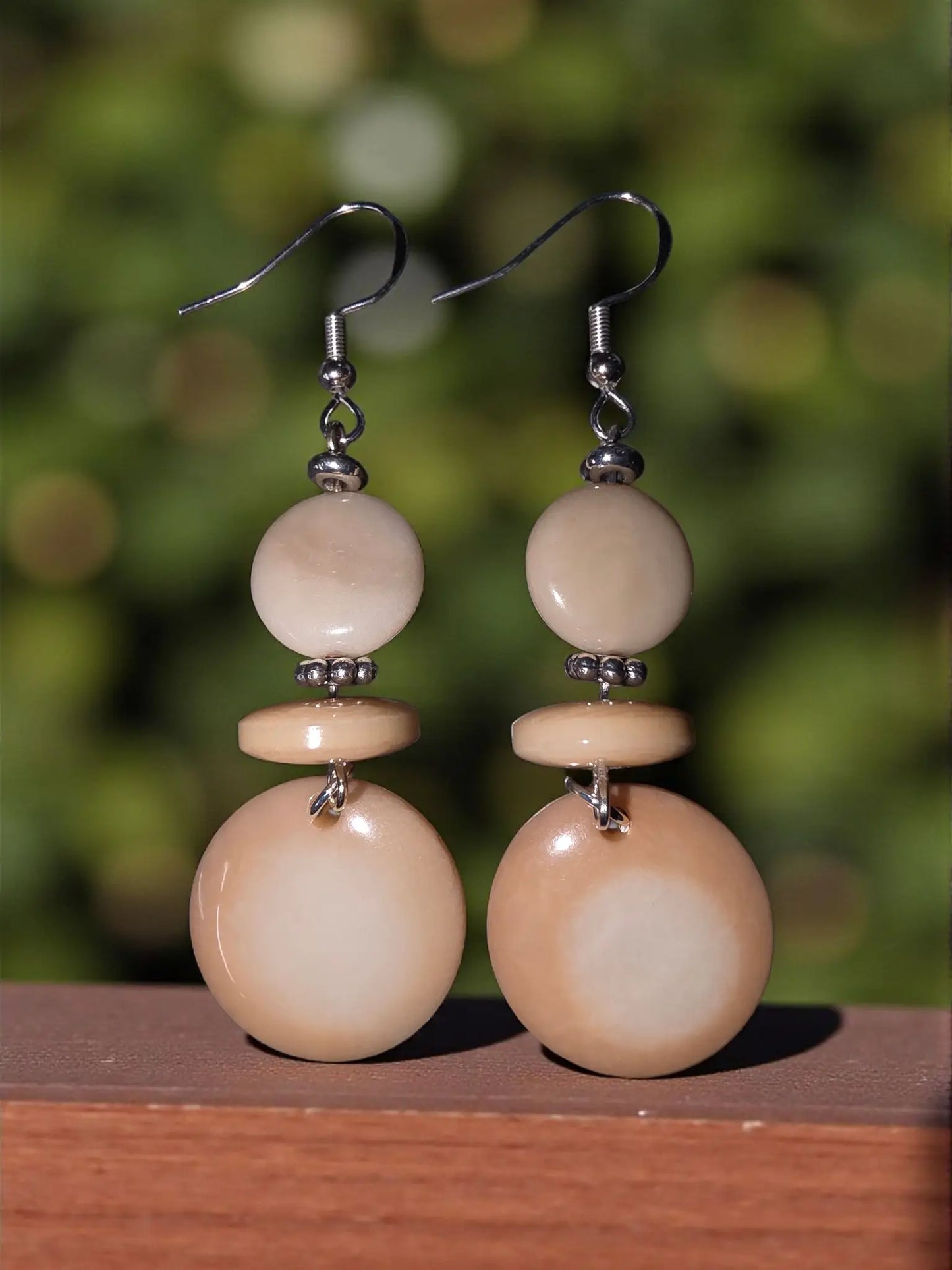 Cafe latte cream tagua handmade round disc earrings with cream wooden beads and silver metal hooks plastic free