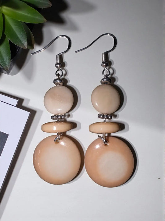 Beige wooden bead drop earrings with silver hooks and metal connectors cafe latte cream tagua plastic-free handmade