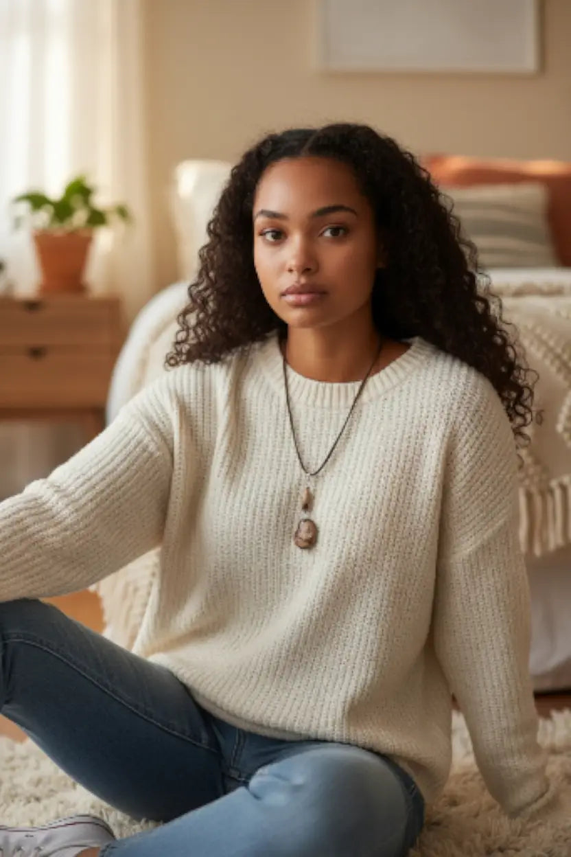 Cream-colored ribbed knit sweater with relaxed fit paired with camel tan brown natural handmade tagua mixed media pendant