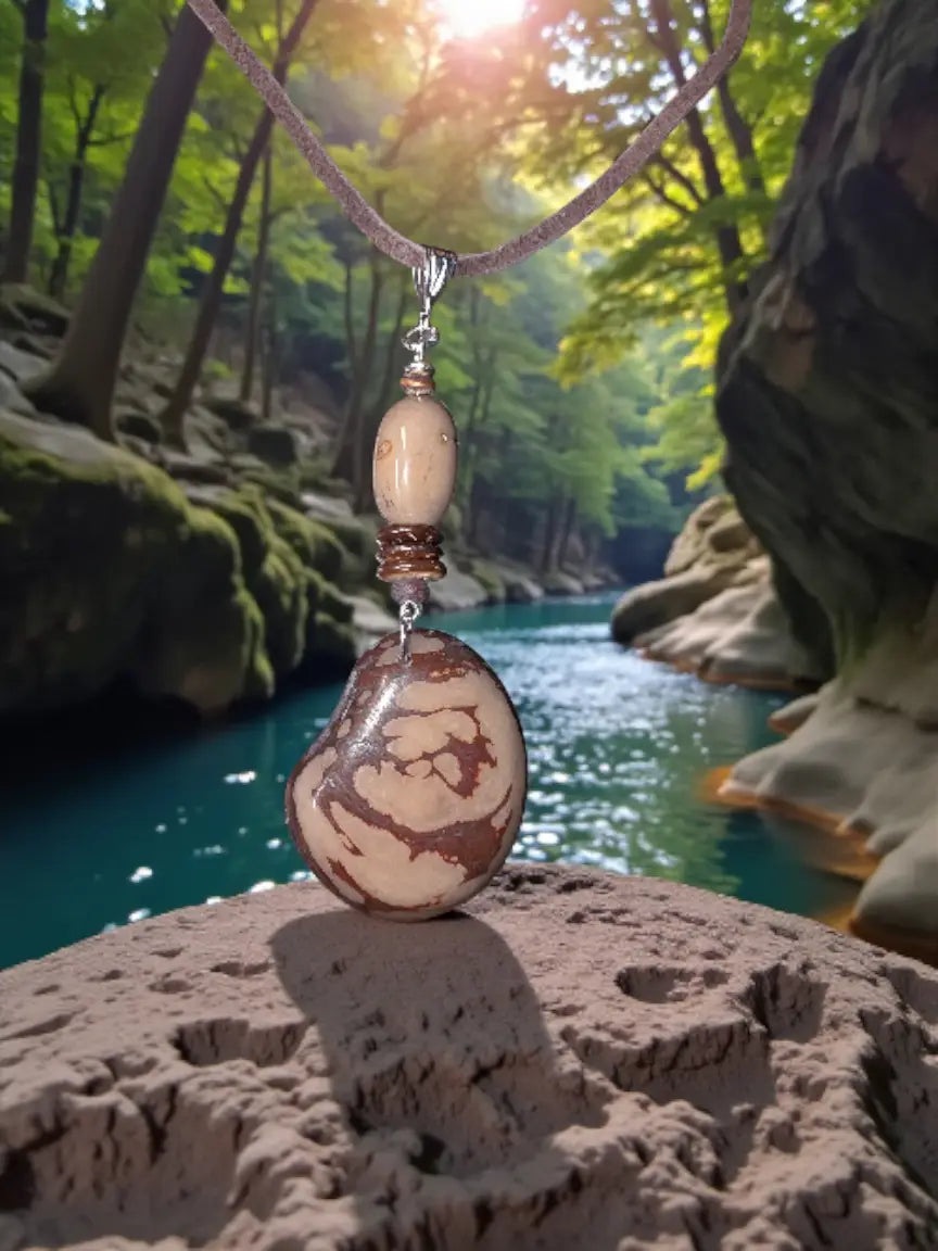 Camel tan brown natural live edge tagua mixed media pendant with swirling patterns on a handmade braided leather cord