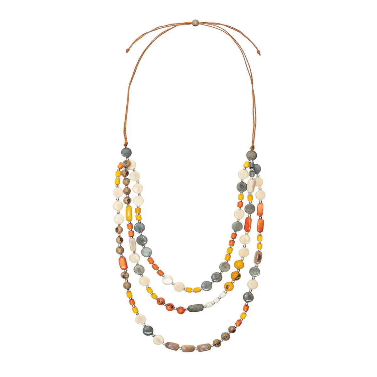 Candela necklace is a multi-strand tagua nut beaded necklace with earthy orange yellow cream and gray beads in varied shapes