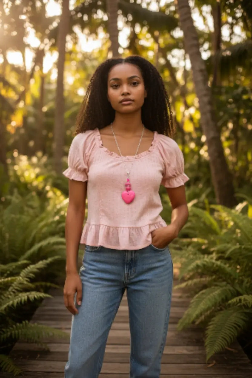Pink ruffled blouse with delicate lace trim and subtle polka dot pattern styled with candy hot pink carved heart tagua pendant